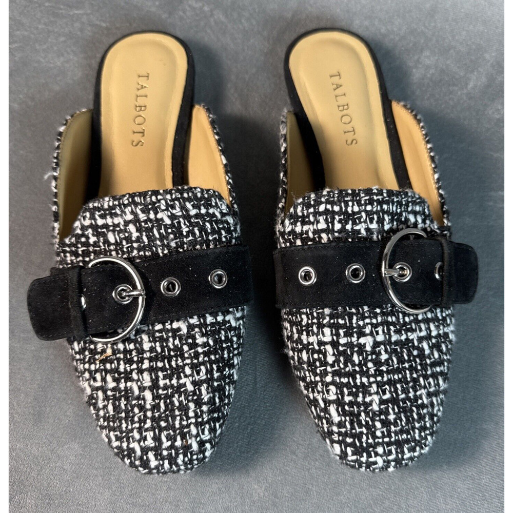 Talbots Stella Buckle Boucle‎ Tweed Mules Size 6 Black White